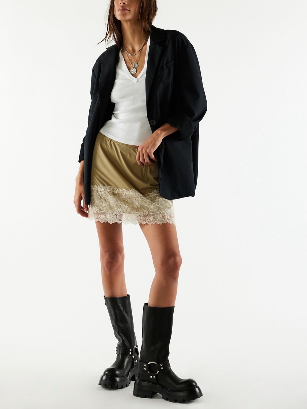 Free People Olive Mini Slip Skirt with Ivory Lace